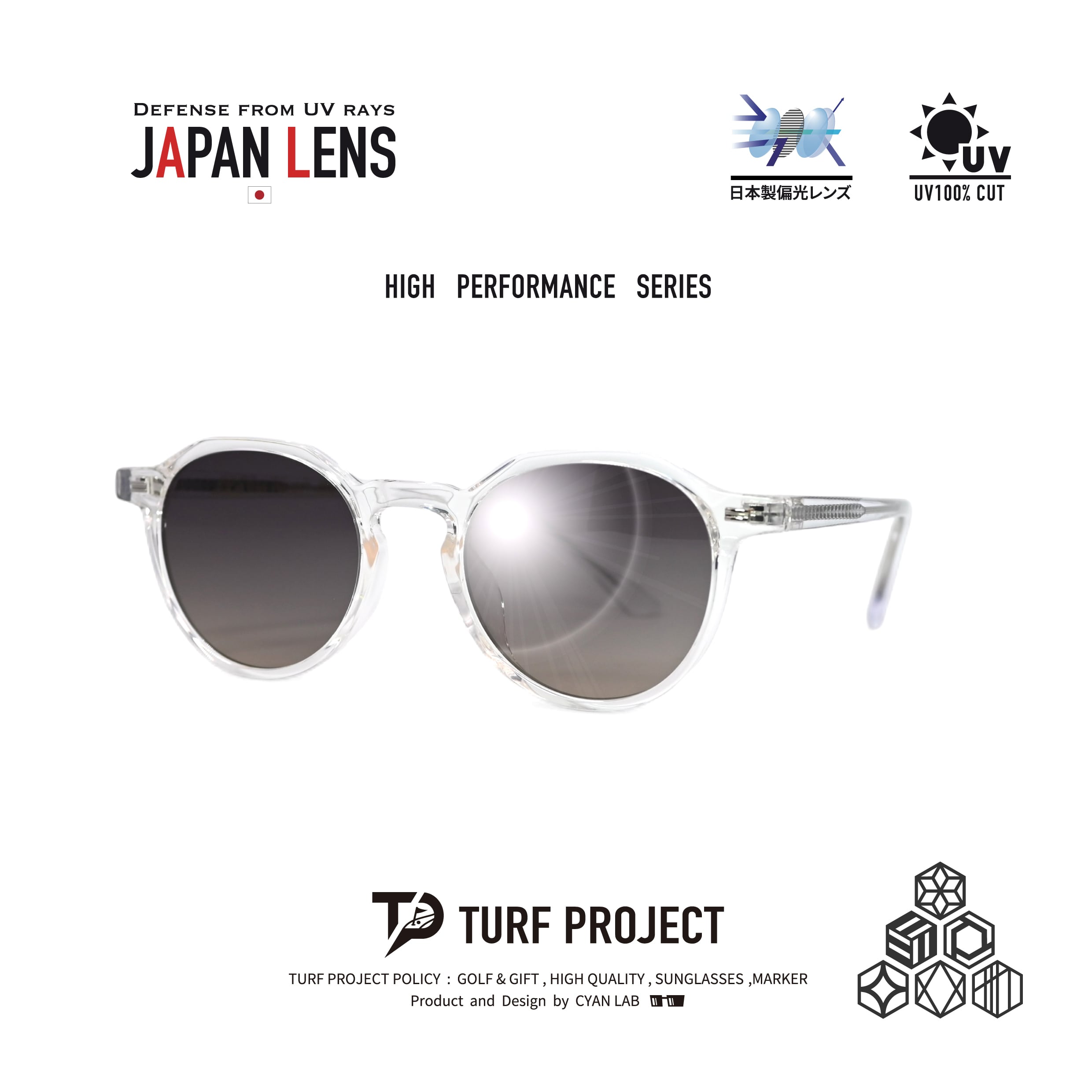 TURF PROJECT偏光サングラス(日本製偏光レンズ搭載)  ［小ぶりボストン］男女兼用  運を呼ぶ和柄デザイン付き  軽量アジアンフィット  UV100％カット/UV400    ケース付き  ゴルフ/普段使い/アウトドア/サイクリング/ドライブ/運転 / 形：ボストン　色：クリア　レンズ：ブラウンハーフ　/ TPPF-58279-col.4 CLEAR