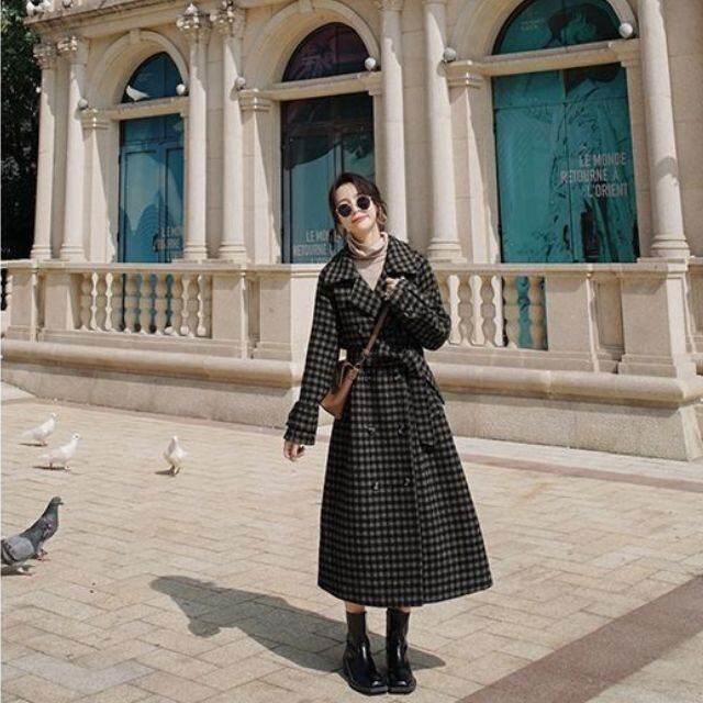 予約販売】チェック コート ロング丈 襟 ビックシルエット ウール