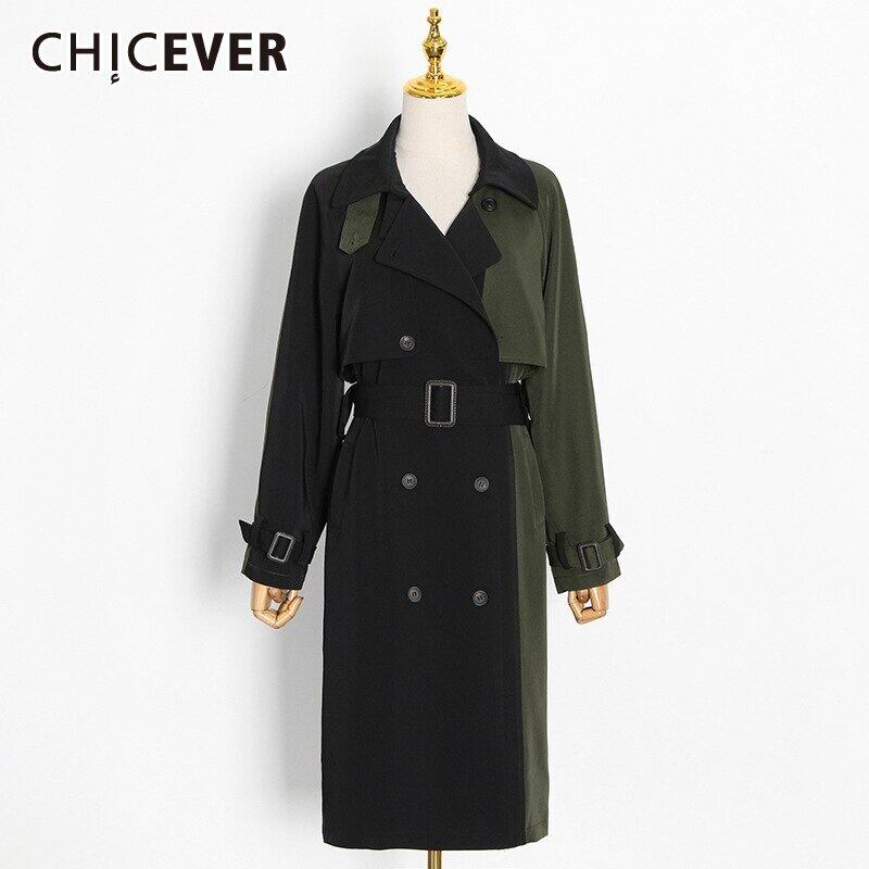 CHICEVERヒットカラートレンチ女性ラペルカラー長袖ウエストベルトパッチワークウインドブレーカー2021服 ロング ハーネス 6base56306012620
