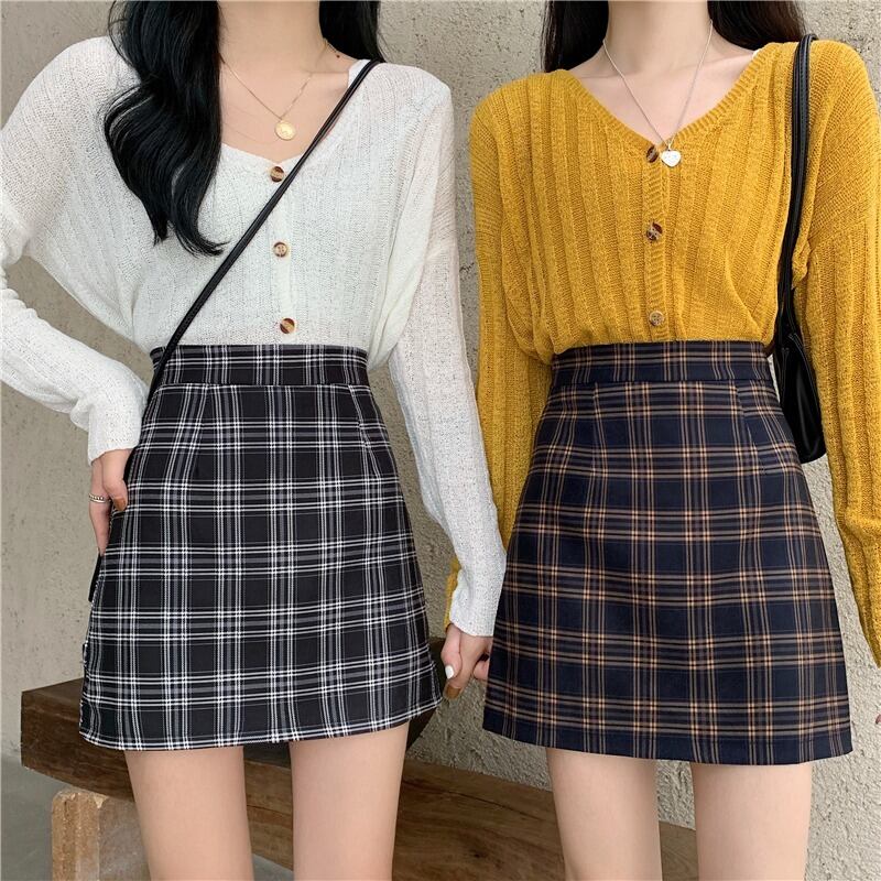 スプリングスタンダード格子柄ショートハイウェストウェストAライン レトロ 春物 スカート YY-ファッション23918847476