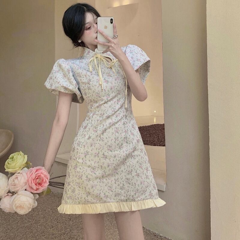 カラースカート サマースタンダードスリーブAラインドレス レトロ 夏物 ハンチェンe56429826295