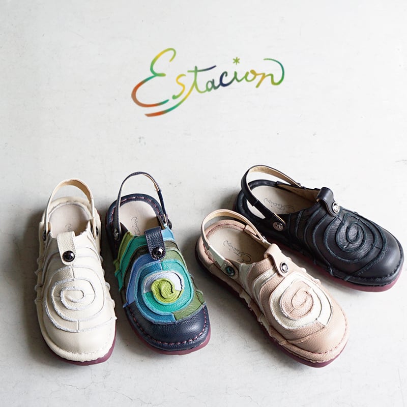Estacion エスタシオン フラワーモチーフ厚底本革バックストラップ