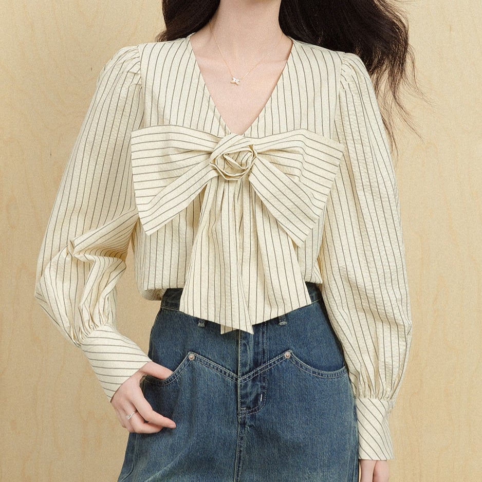 ローズリボンタイ ストライプ ロングスリーブブラウス 00216