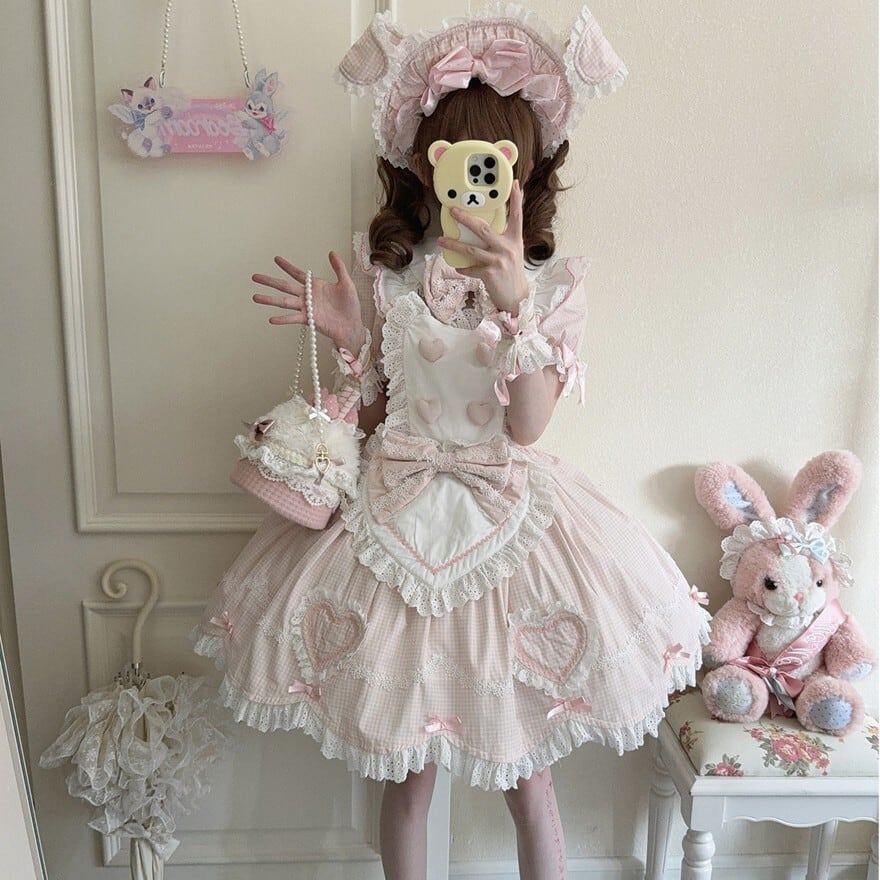 d*3様 Cornet ピンクリボンレースフリル　ハートエプロン付きワンピース メイドロリータ ワンピース ハートエプロン付き レースフリル 撮影会