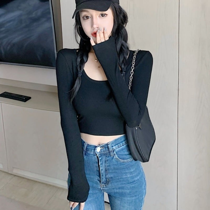 ブラックオータムウィンターシャツ スプリングショートクロップドTシャツ ソリッド カラー ロング 春物 秋物 冬物 ソリッドカラー YY-ファッション26656125658