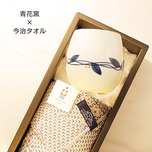 砥部焼 今治タオル 青花窯 丸フリーカップ つる フェイスタオル 愛媛 引出物 ギフト 内祝 日本製 c-se105