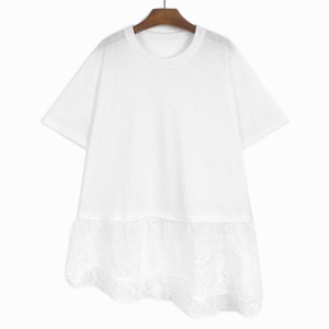 ASYMMETRIC LACE HEM SHORT SLEEVE LONG T-SHIRT M-17542