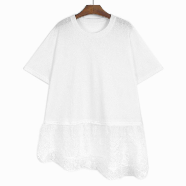 ASYMMETRIC LACE HEM SHORT SLEEVE LONG T-SHIRT M-17542