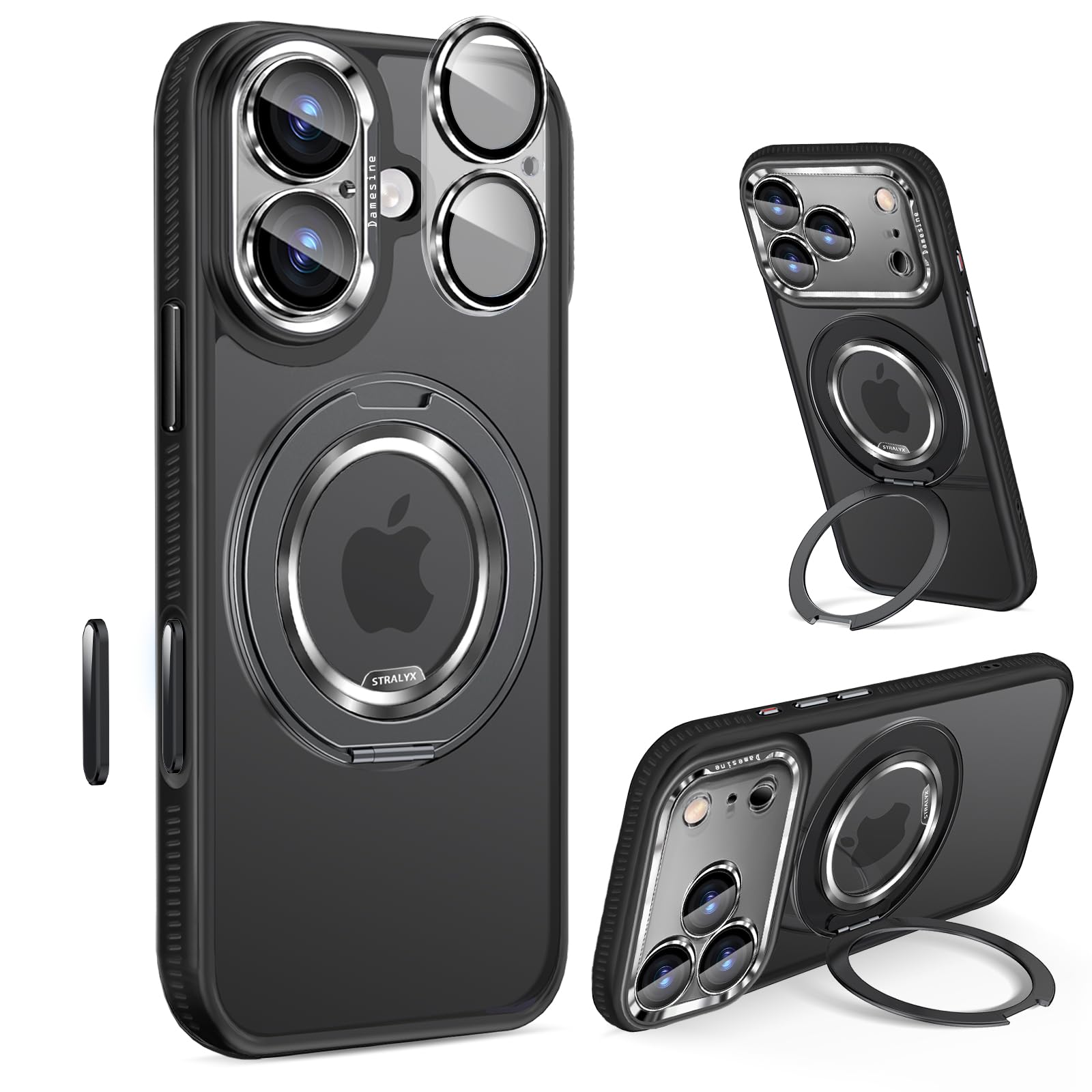 Damesine iPhone 17用ケース マットMagSafe対応 360度回転リングスタンドマグネット搭載 カメラコントロールカバー付き 指紋防止 汚れ防止 ソフト手触り 着脱式カメラカバー シリコン耐衝撃 防塵 長持ち かわいいアイホン17ケース ブラック