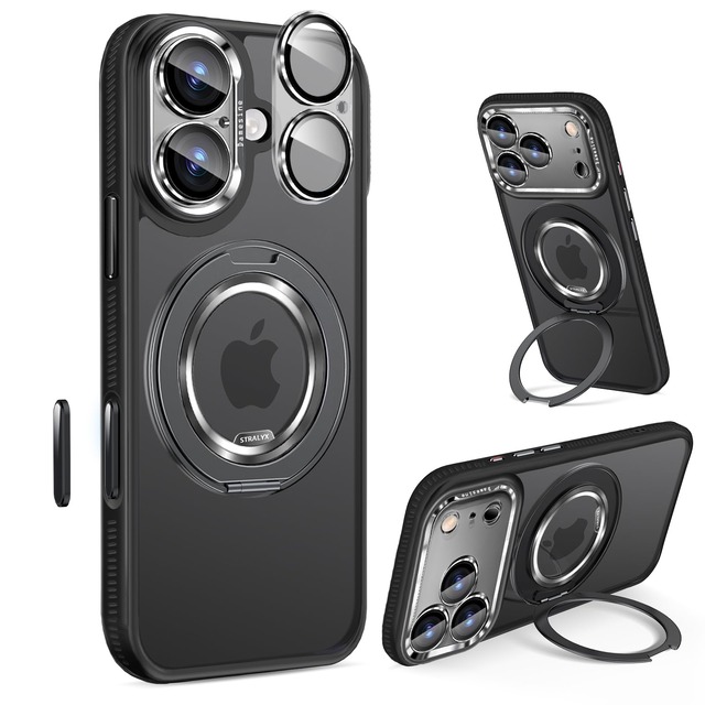 Damesine iPhone 17用ケース マットMagSafe対応 360度回転リングスタンドマグネット搭載 カメラコントロールカバー付き 指紋防止 汚れ防止 ソフト手触り 着脱式カメラカバー シリコン耐衝撃 防塵 長持ち かわいいアイホン17ケース ブラック