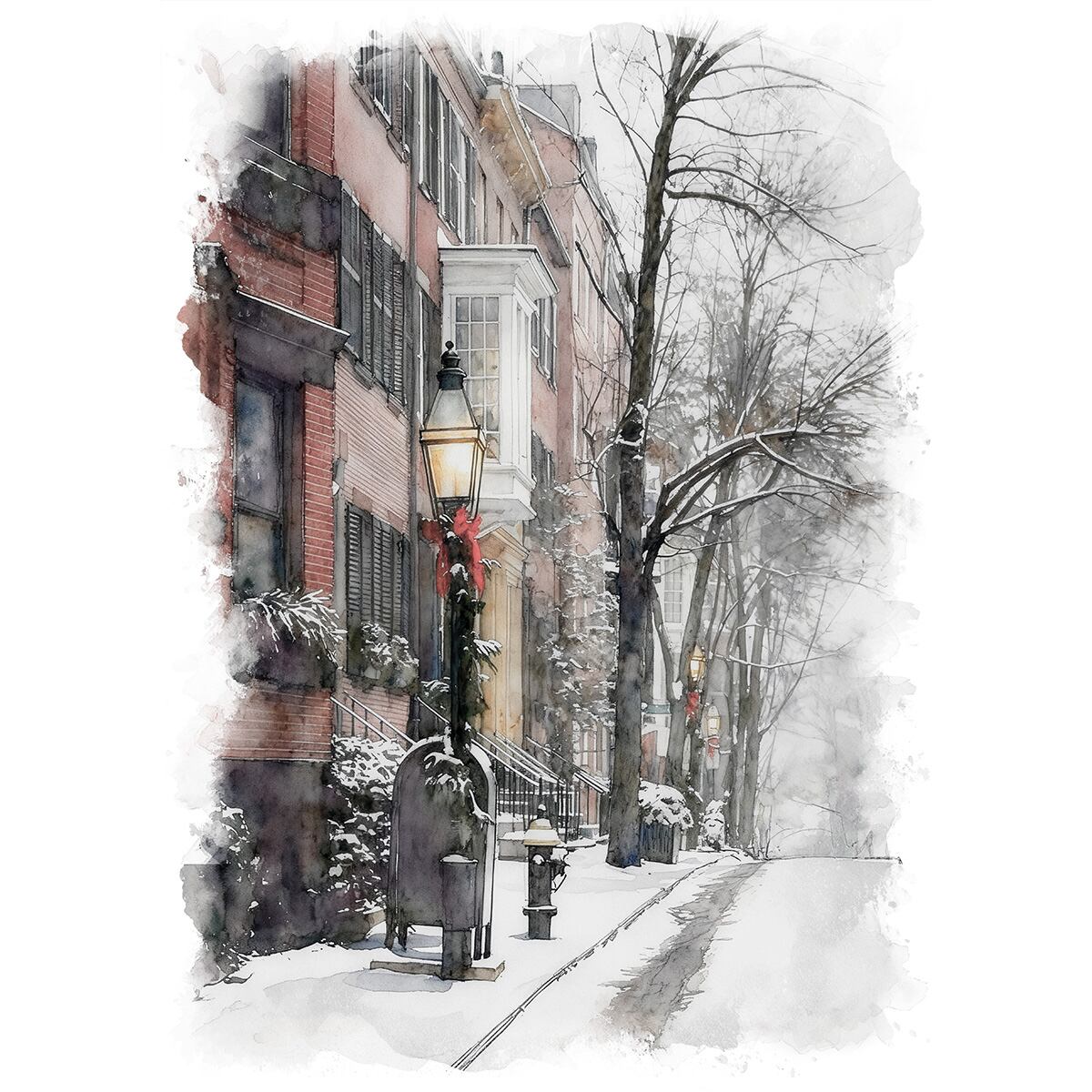 絵画 アメリカ 風景画(街並み) 冬 雪が降る ボストン エイコーンストリート インテリアアート額付き 水彩画・油絵調 WAT0424