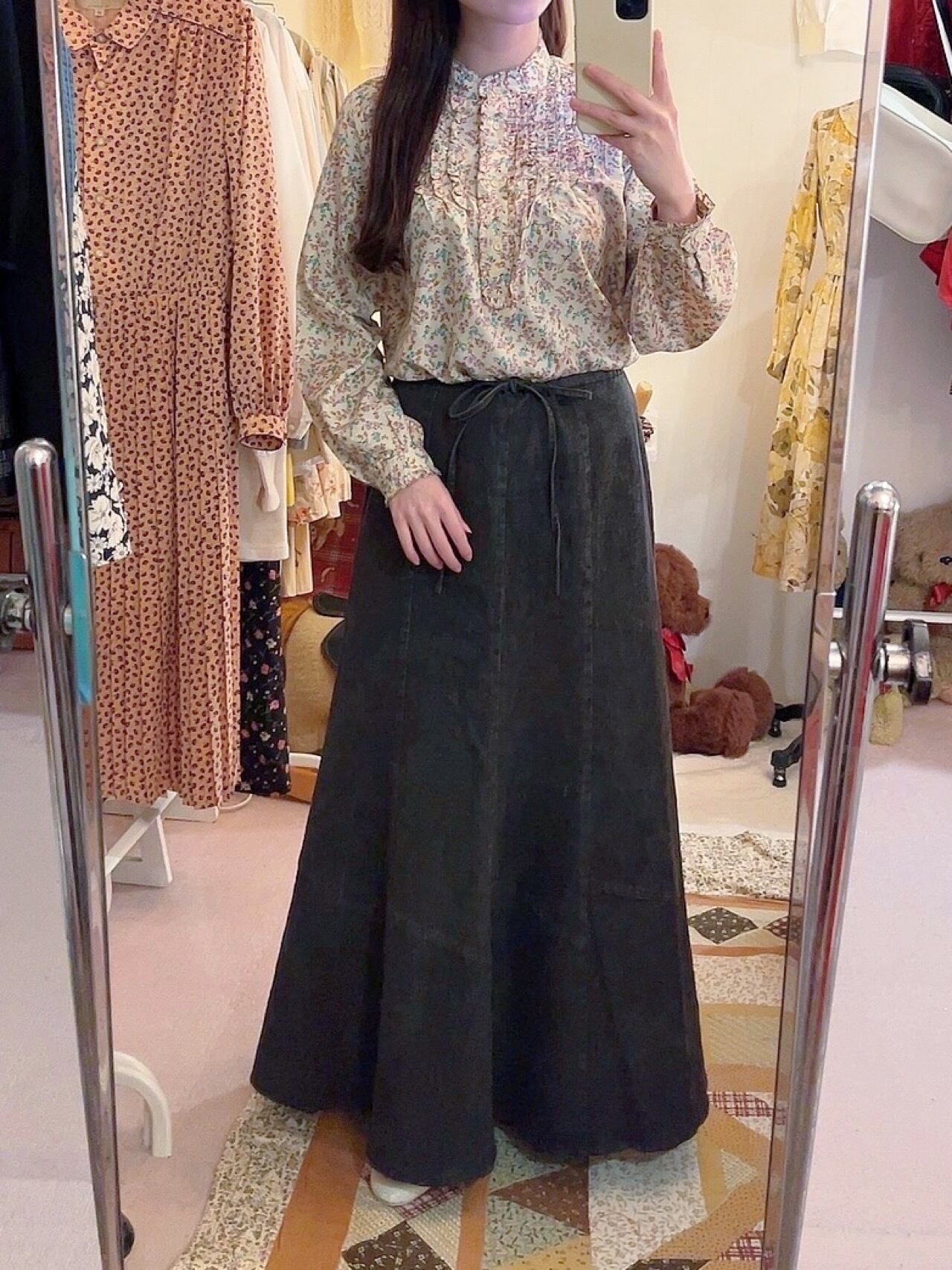 black denim seams flare skirt