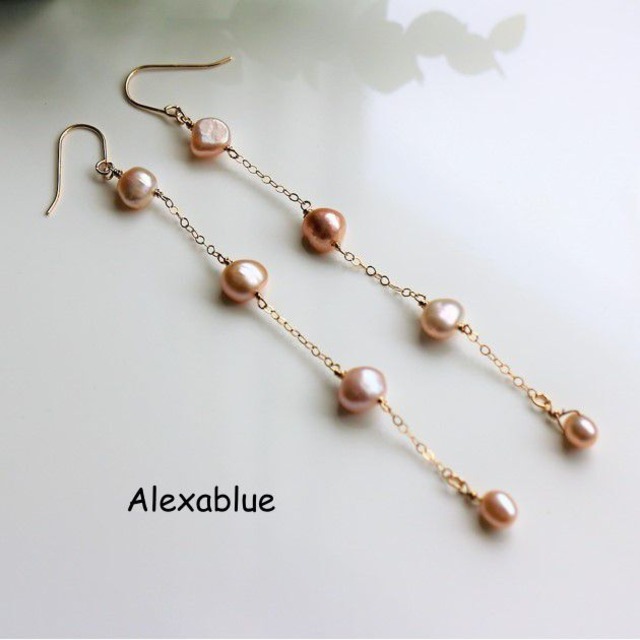 ベビーピンク淡水パールロングピアス K14GF Baby pink freshwater pearl earrings