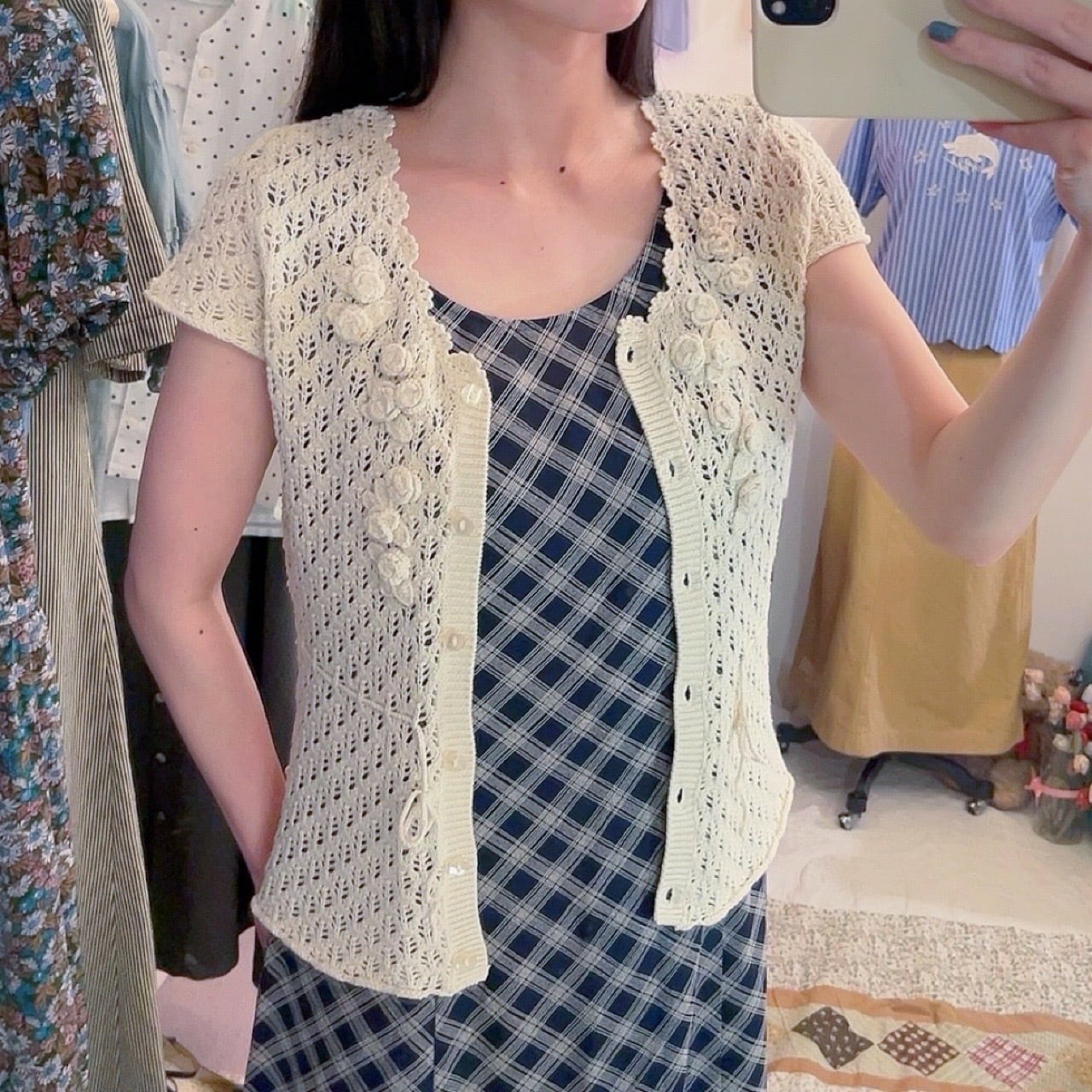 flower motif crochet knit cardigan