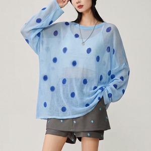 blue polka dot sheer knit top<t3118>