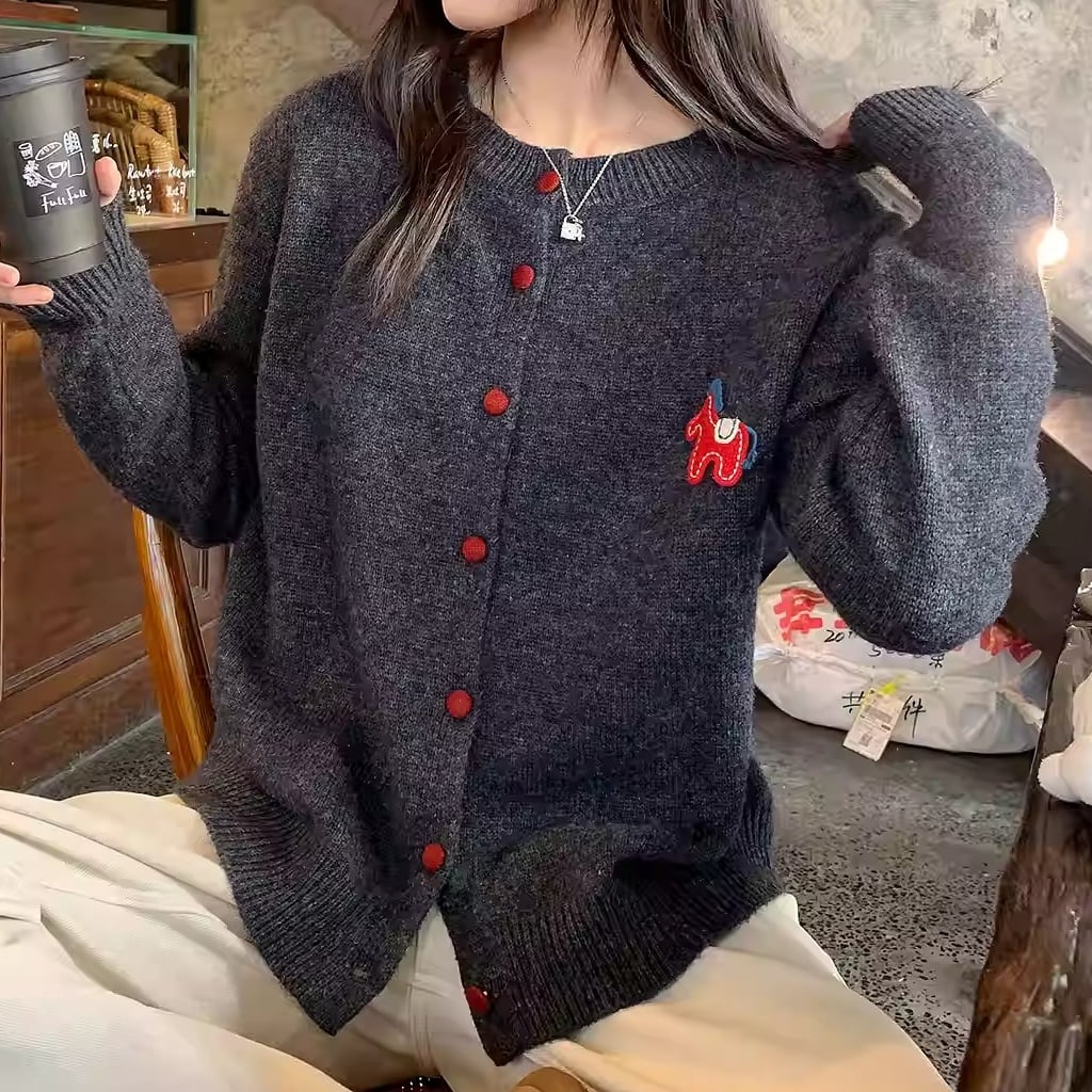 ボタンフロント 馬モチーフ 長袖 ニットカーディガン