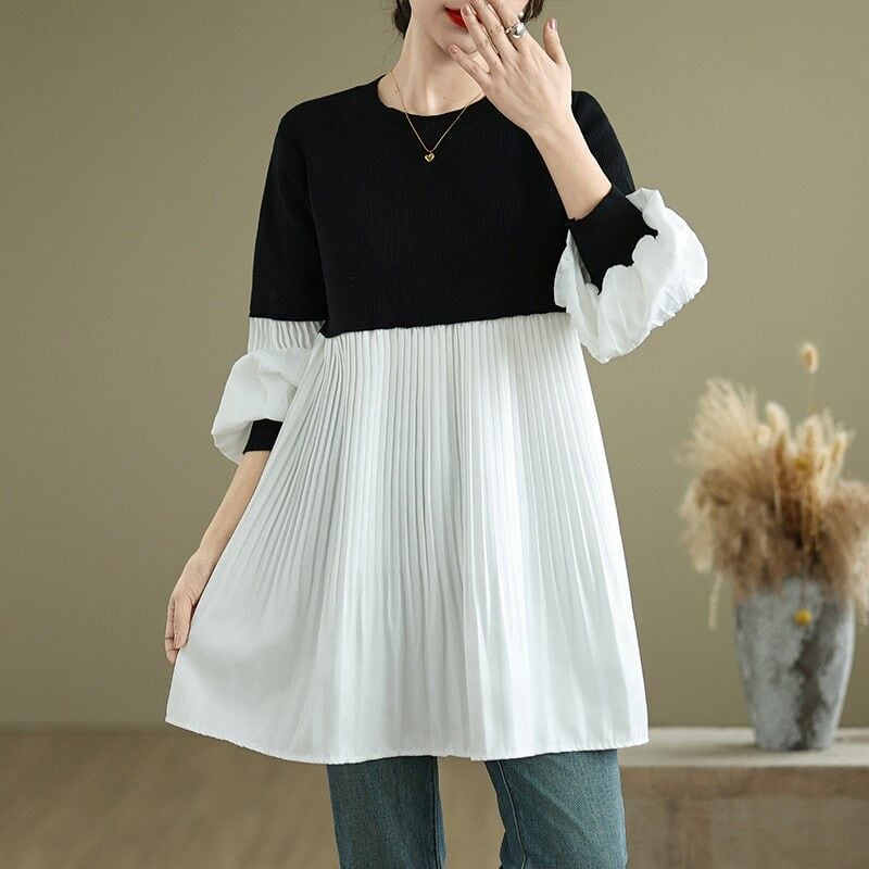 CONTRAST PLEATED CREW NECK LONG SLEEVE TOP M-18319