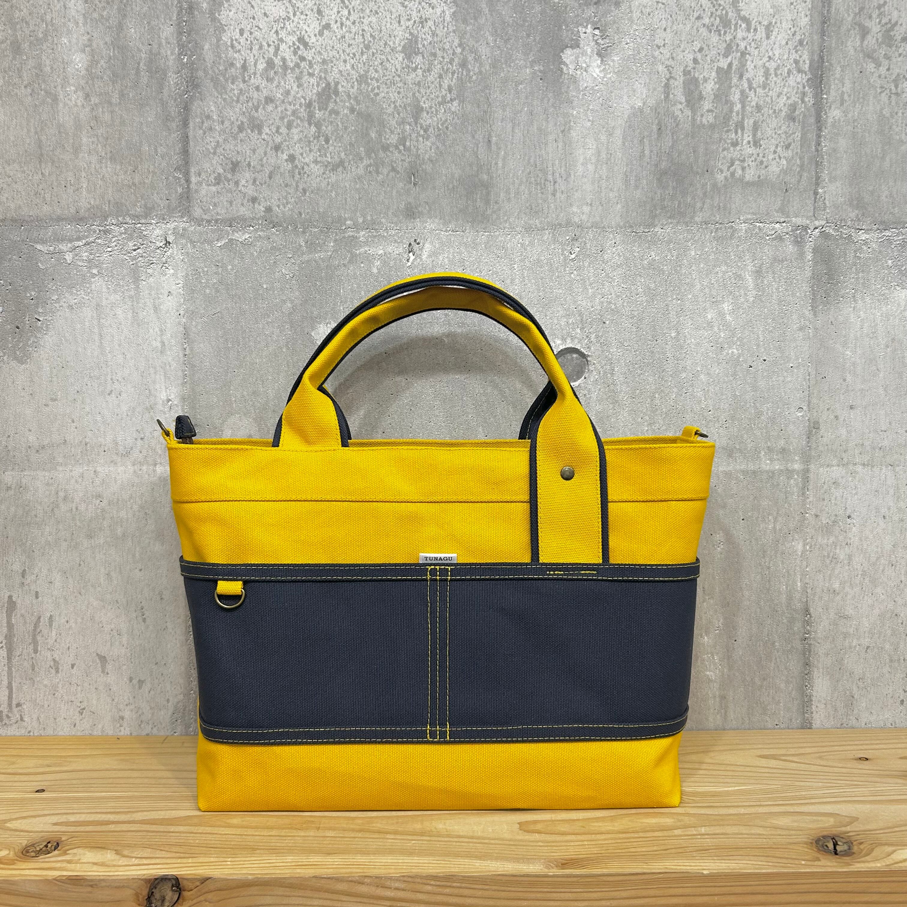 【開閉口ファスナー付】Bi Color Tote "M-L" / 内ポケット×4付 【マスタード×ディープオーシャン】