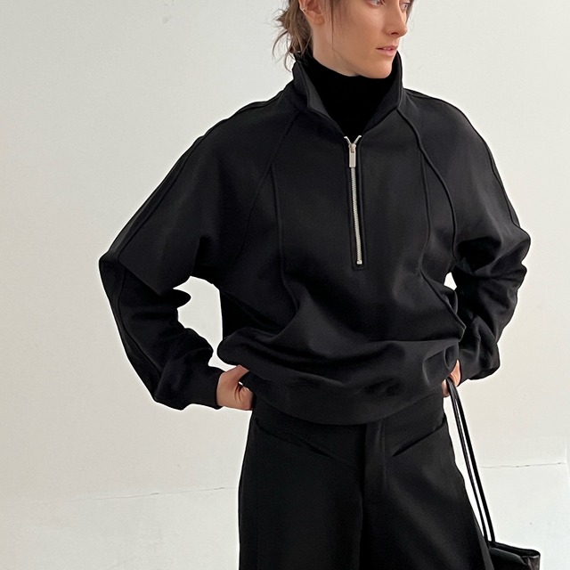 ハーフジップアップ スタンドカラー ドルマンスリーブ パッチポケット ルーズフィット スウェット 2color MTO0344