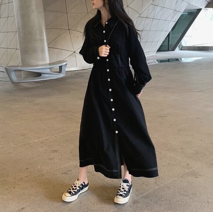 シャツワンピ ロング丈 病み可愛い Aライン 細見え 黒コーデ モード系 10代 代 原宿系 韓国 オルチャン 大人きれいな私を叶える Marriages