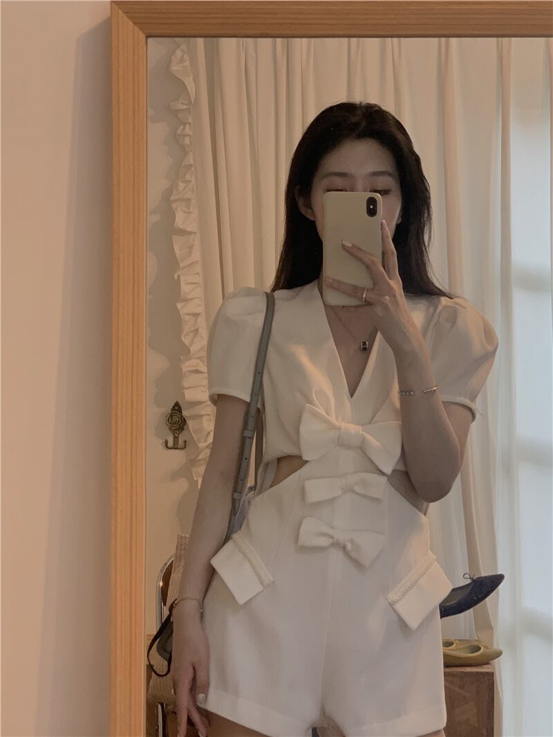 ボウノットセクシージャンプスーツ女性サマーホワイトワイドレッグジャンプスーツショーツ2020新しい薄いカジュアルパンツ ブラックストロベリース40945546426