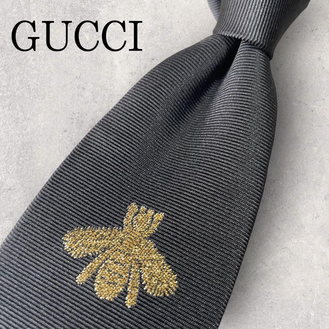 美品 GUCCI グッチ ソリッドタイ BEE 金刺繍 ネクタイ ブラック 黒