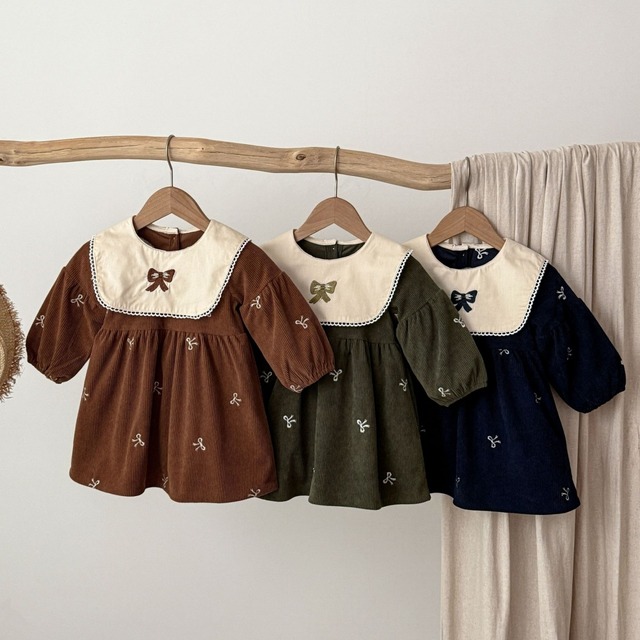 【80-130】秋リボン刺繍セーラーカラーワンピース 女の子 キッズ