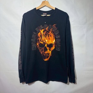 HARLEY DAVIDSON ファイヤーパターン ドクロ Tシャツ ハーレーダビッドソン 長袖Tシャツ ロンT 黒 バイカー アメカジ 両面プリント M