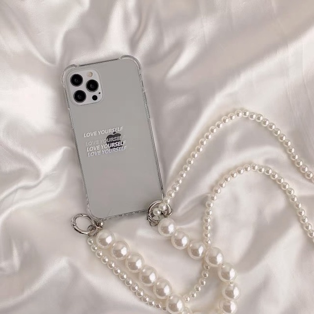 iPhoneケース iPhone13 iPhone12 クリアケース パールチェーン ストラップ 英字 英語 おしゃれ 2008