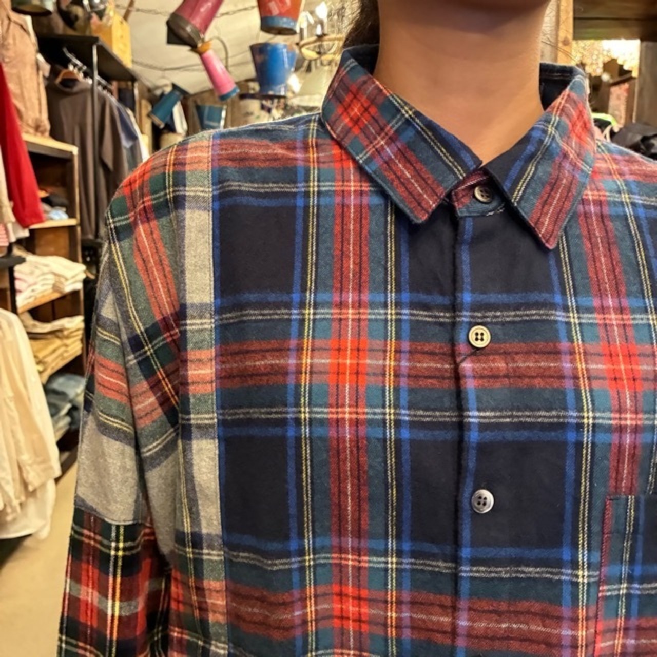 TISSU　ティシュ　MIXチェックレギュラーシャツ　ネイビーチェック　ネルシャツ　オーバーサイズ　ユニセックス　クレイジーパターン　Universal tissu　ミックスチェック