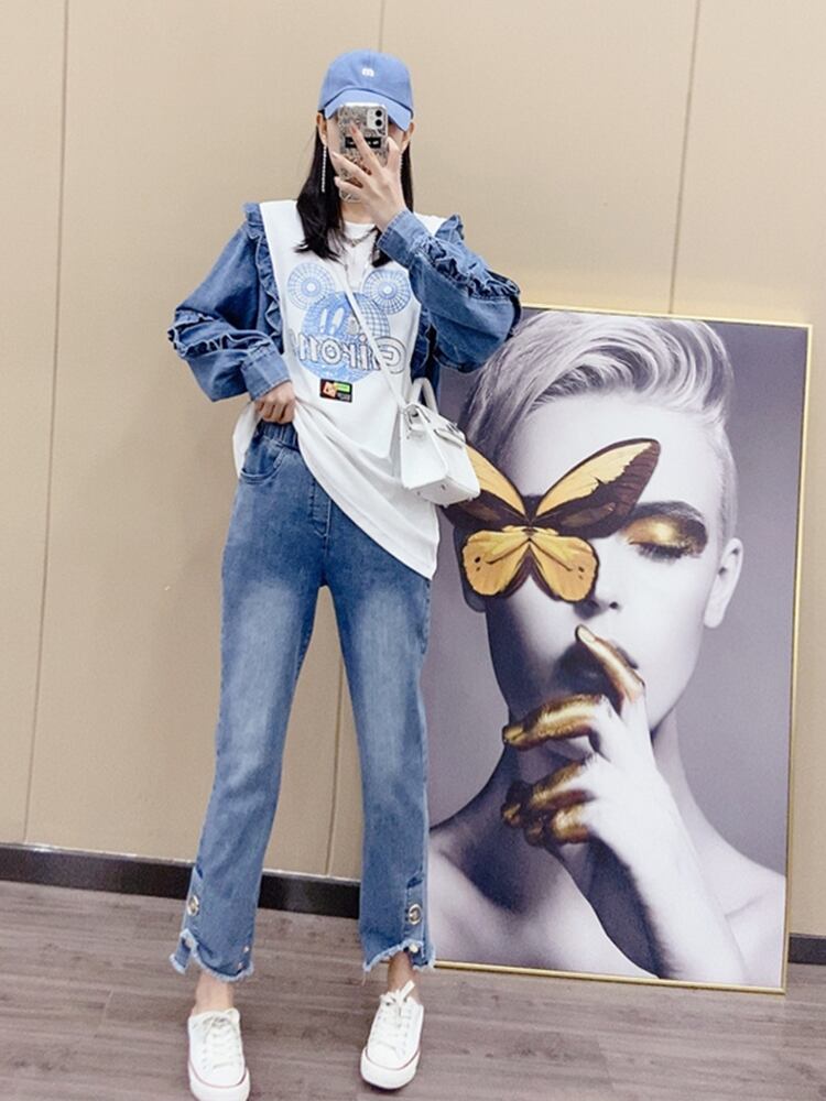 ルーズTシャツ シャツ レディーススプリングプルオーバー ジーンズ ロング 大きめサイズ 春物 ミックスインファッション21790577248