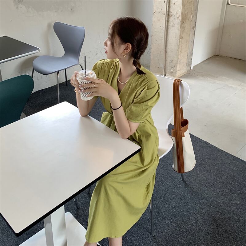 Vネックドレス サマーウェストソリッド カラーAラインスカート 夏物 ソリッドカラー クレセントシティ8877422398