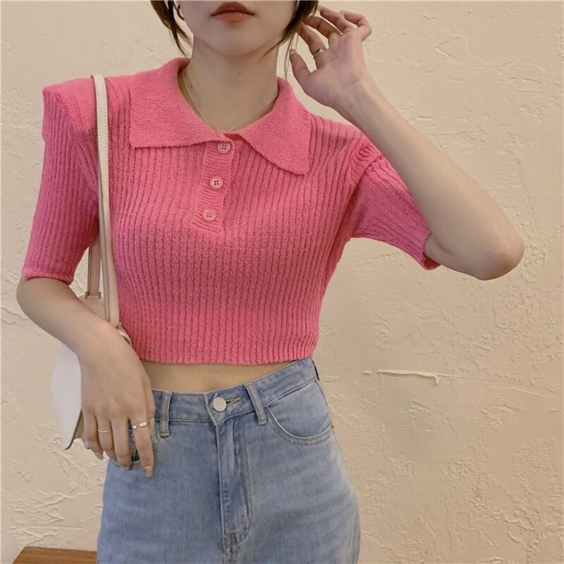 カラーセーター Tシャツ サマー薄手ショートトップス ピンク 夏物 ブラックストロベリース49041411498