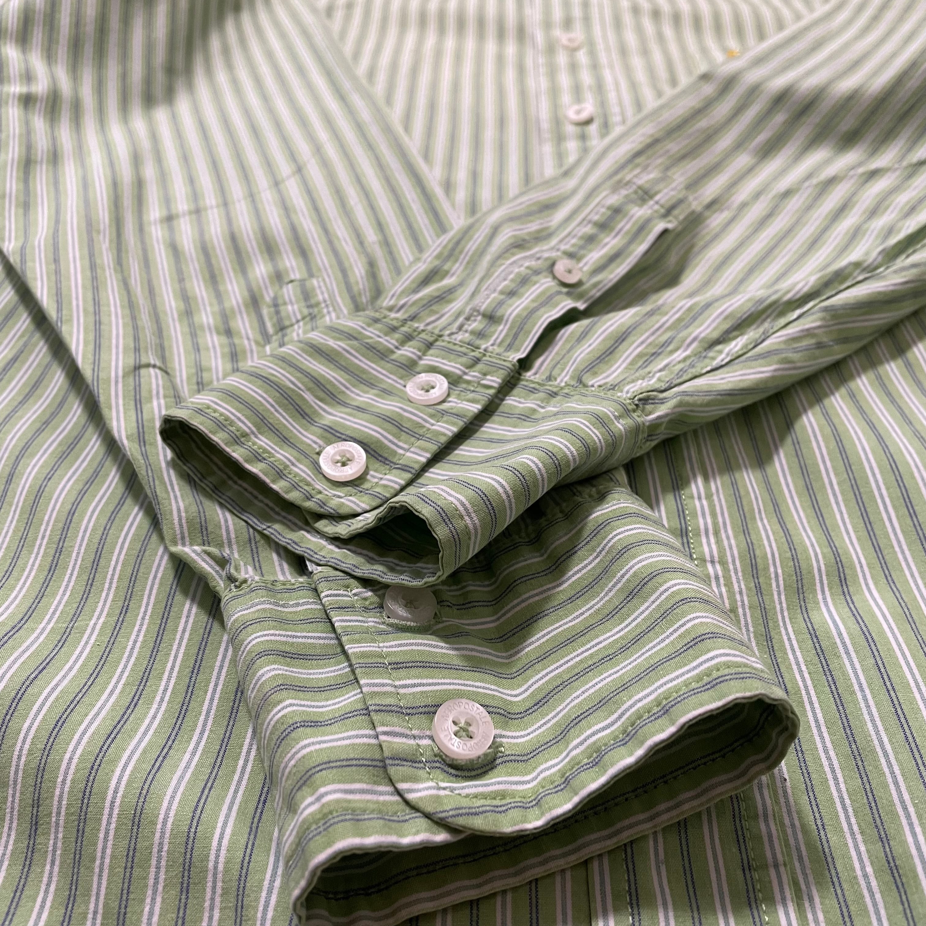 AEROPOSTALE】ストライプシャツ ライトグリーン 長袖 柄シャツ 刺繍
