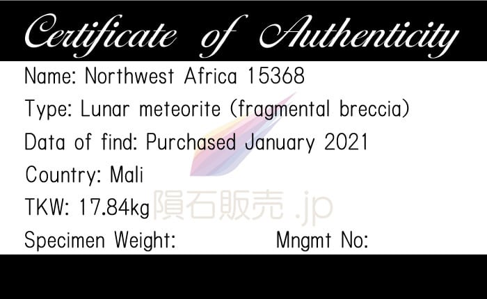 NWA15368 隕石 0.2g 月隕石 月の石 月起源 角礫岩 標本 M2303 | 隕石