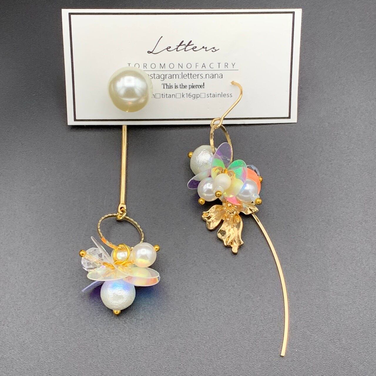 パールロングアシンメトリーピアス | CARA handmade