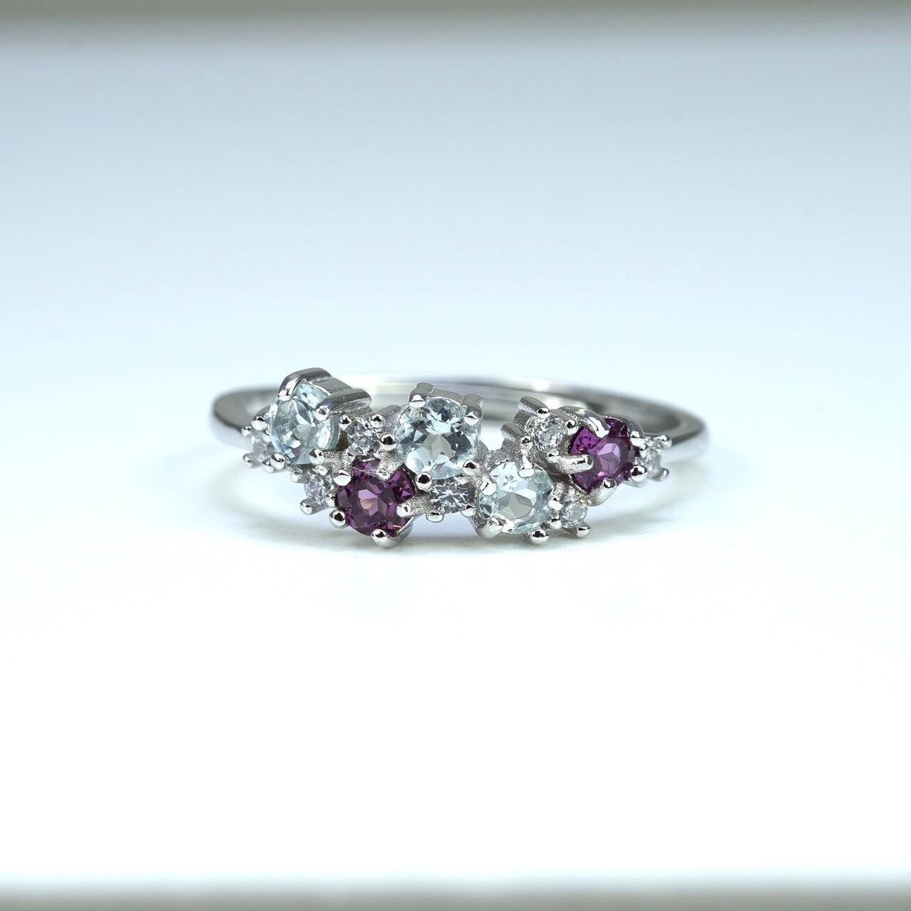 リースRing♦︎ロードライトガーネット・アクアマリン♦︎WGカラー《0025》