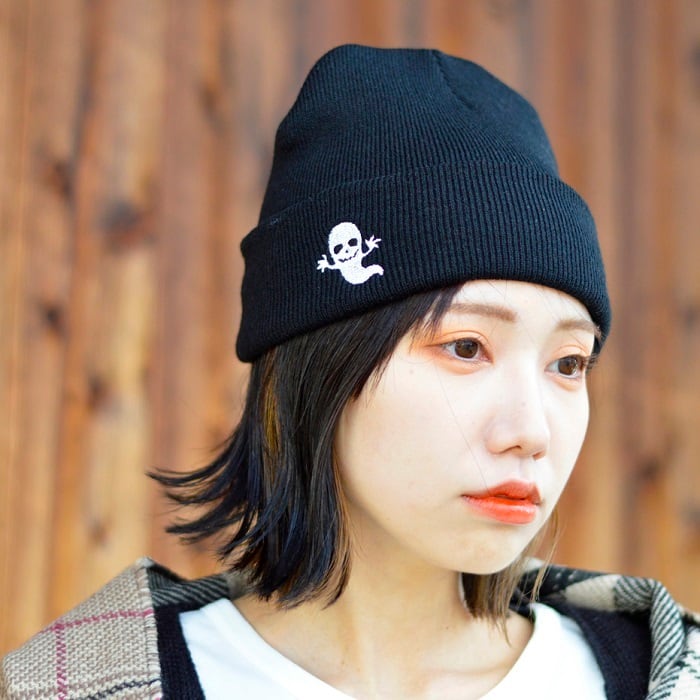 SMACK ENGINEER スマックエンジニア「GHOST BEANIE」ニット帽 ニットキャップ ニットビーニー 帽子 ゴースト オバケ 黒  ブラック 刺繍 スペード スカル ドクロ メンズ レディース PUNK ROCK パンク ロック バンド オシャレ 可愛い ギフトラッピング無料  ステージ衣装 ...