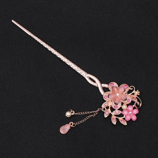 簪 中国風 一本挿し チャイナ服 かんざし 普段使い 金属 玉花 古風 髪飾り 玉 ヘアアクセサリー 和装 中華風 漢服 レディース 2本セット（青とピンク）