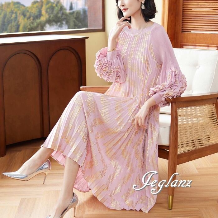 3色 プリーツ ワンピース ボリューム袖 ロング丈 細見え (M6170)ζ