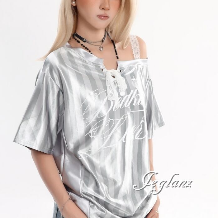 ストライプ 半袖 メタリック Tシャツ ロゴ ユニセックス 光沢感 (MC460)ρ