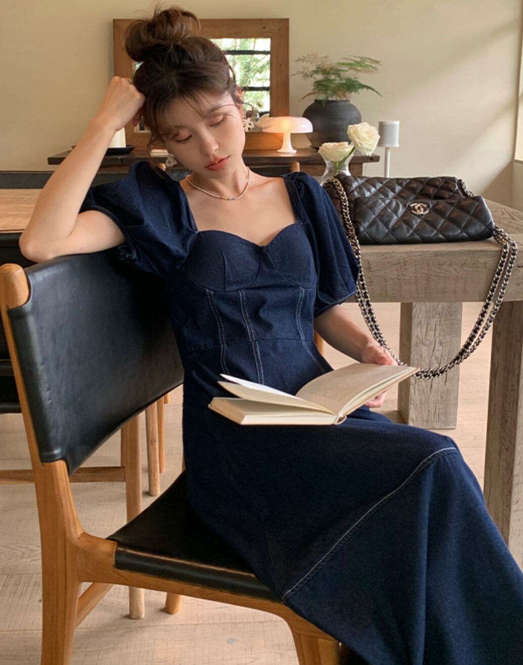 デニムパフスリーブ切り替えフレアワンピース 2色展開 | Mirror.Me 