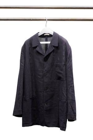 90's "HERMÈS" Dark-Navy Pinstripe Wool Open-Collar 4B Work Jacket