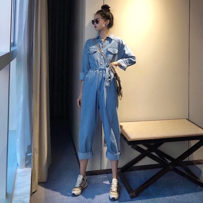 ジーンズ スプリングオータムジャンプスーツ オールインワン ポケットルーズパンツ ロング 春物 秋物 1号婦人82052934661