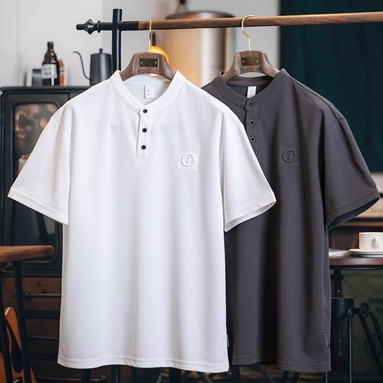 エンブレムデザイン バンドカラーシャツ 10166