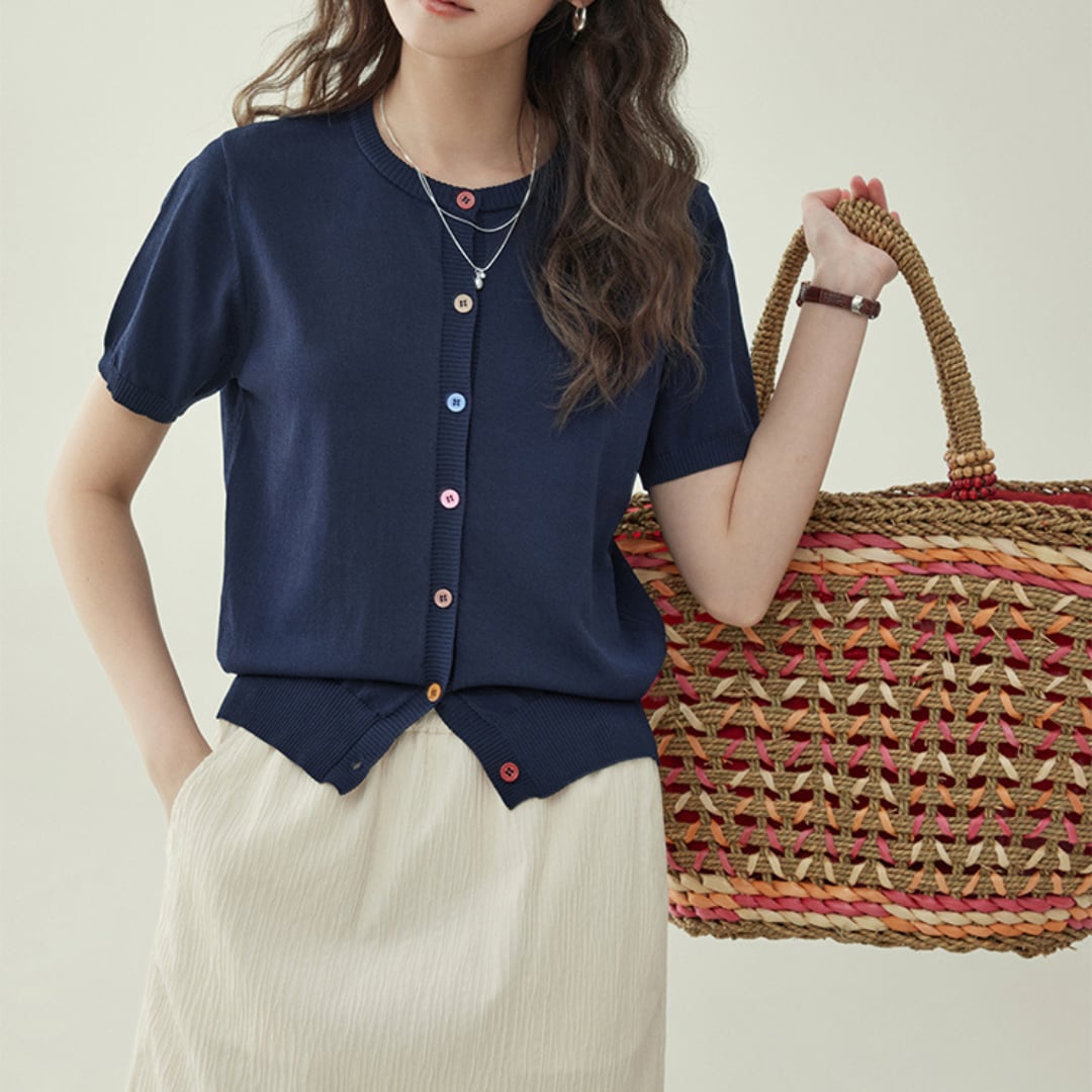 plain round neck colorful button half sleeved sweater