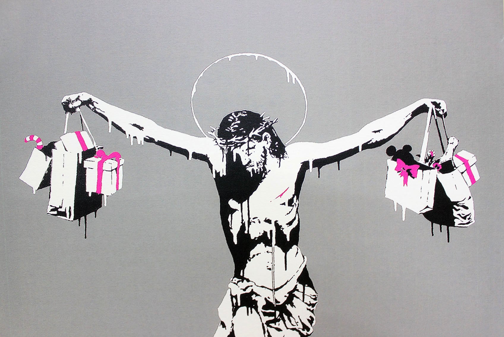 バンクシー「ショッピングバッグを持つキリスト/Jesus Christ With Shopping Bags(S)」展示用フック付きキャンバスジークレ