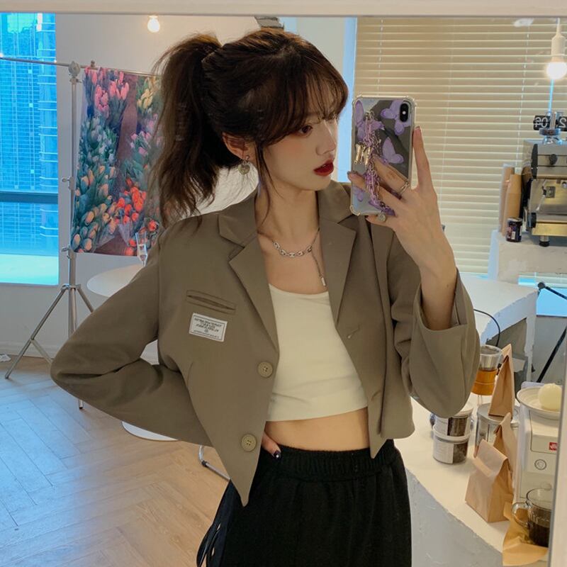 カーキショートジャケット スプリングオータムカジュアル 春物 秋物 試着室12852219618
