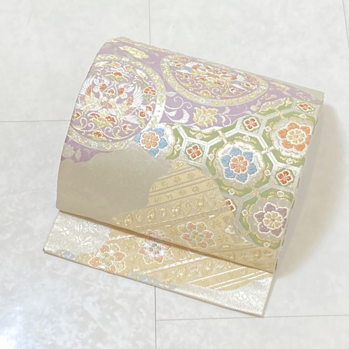 やまと誂製 唐織り 華紋 袋帯 正絹 唐花 金糸 銀糸 白 パステルカラー  