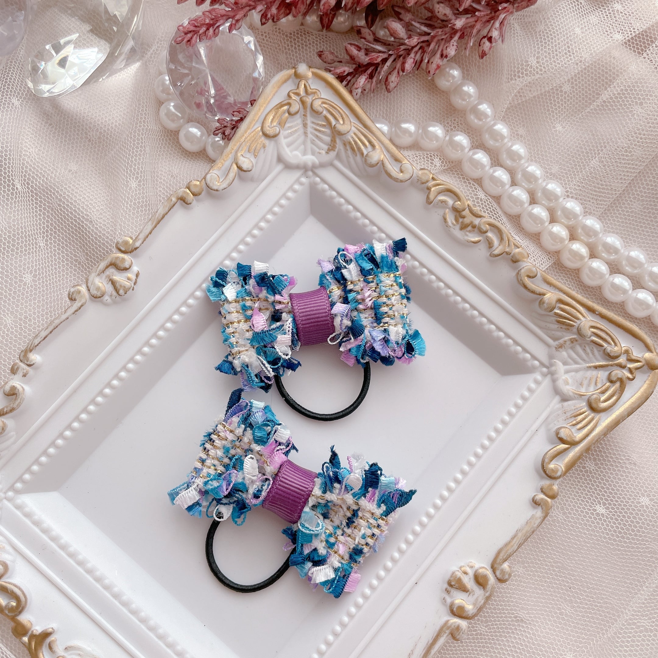 ノゾミ様handmade♡雪の結晶&星カボション ツイードリボンヘアクリップ Tweed Jewel
